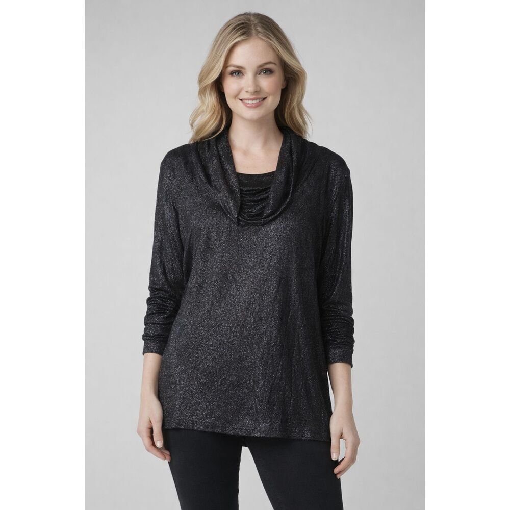 Cupio Black Metallic Shimmer Cowl Neck Size XL Long Sleeve Stretch Blouse NWT